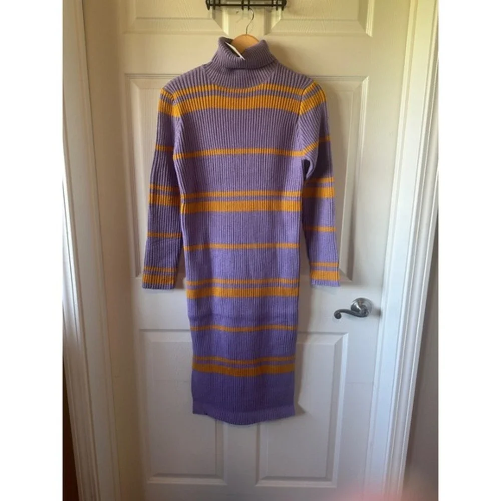 Moon River Turtleneck Midi Dress L Purple Yellow Striped Ribbed Retro Mod